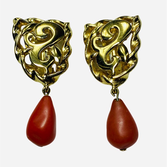 Givenchy couture earring gold plated swirl dangle clip abstract vintage fashion - Picture 7 of 7